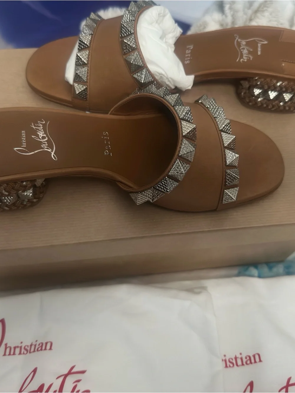 Christian Louboutin Tan Studded Slide Sandals with Signature Red Sole- size 38 - Picture 3 of 7